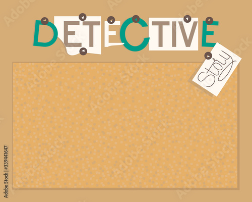 Detective story board from cork. Text detective stories.
Horizontal layout. A detective board to formalize your investigations. Flat vector illustration.
