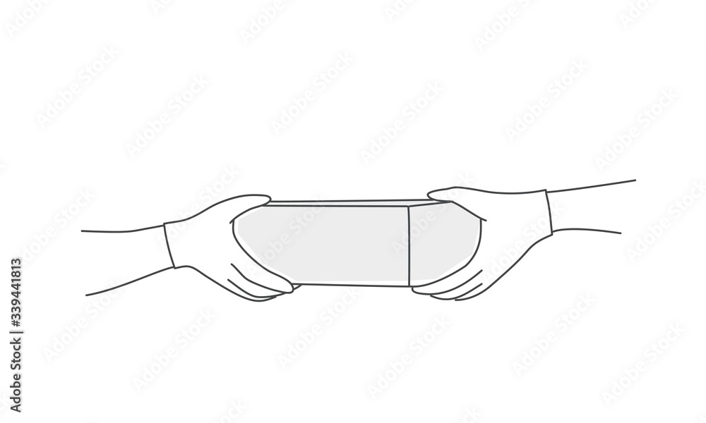 Concept of safe package delivery against. Coronavirus 2019-nCov. Mail courier in medical gloves. Hand drawn vector illustration. Concept of safe package delivery against. Coronavirus 2019-nCov. Mail courier in medical gloves. Hand drawn vector illustration.