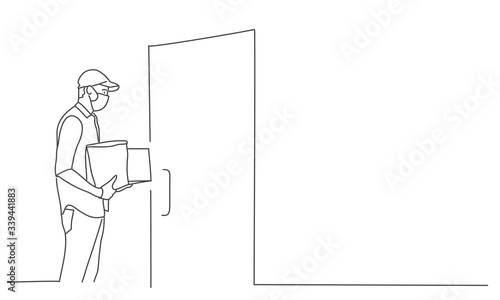Delivery guy with face mask near home door. Concept of safe package delivery against. Line drawing vector illustration.