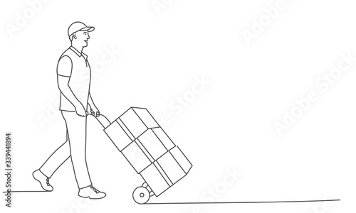 Delivery man carrying cardboard boxes on a trolley. Delivery service concept. Line drawing vector illustration.