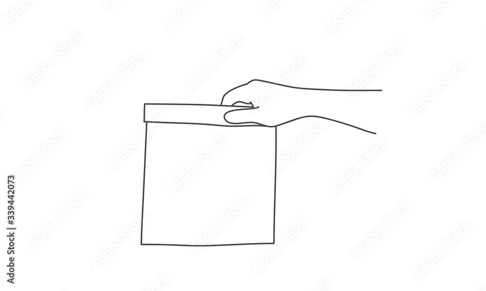 Line drawing vector illustration of hand holding empty paper bag