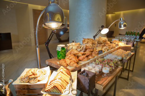 Fresh pastry, crispy morning croissants, breakfast in hotel . Breakfast buffet.