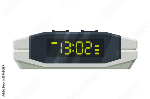 Digital Alarm Clock with Green Illuminated Numbers, Modern Time Measuring Instrument Vector Illustration