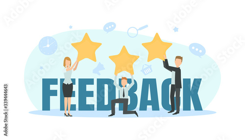 Tiny People Evaluating Product or Service, Clients with Stars Standing Near to Big Feedback Word Vector Illustration