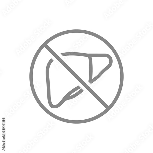 Forbidden sign with a liver line icon. Amputation internal organ, no liver, transplant rejection symbol
