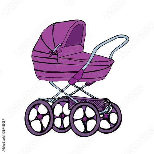 Purple baby carriage, hand drawn doodle sketch, outline vector illustration