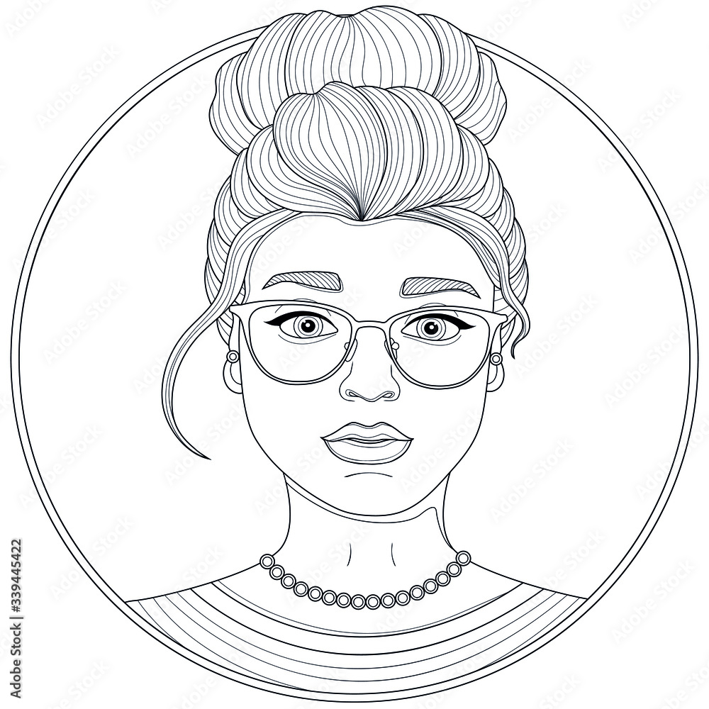 Beautiful girl with haircut and glasses. Coloring book antistress for