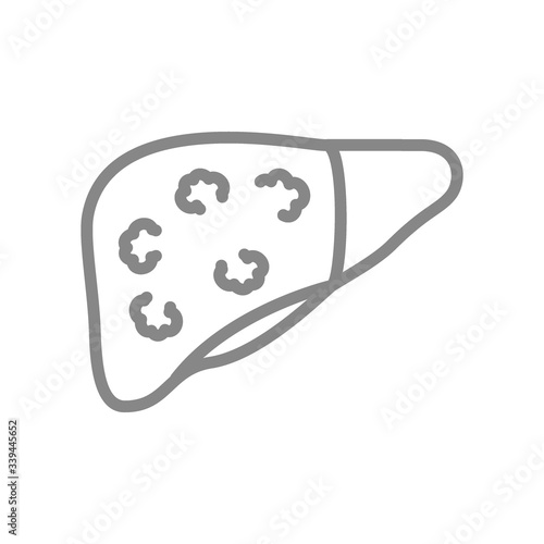 Liver with tumors line icon. Liver cancer, digestive organ disease, cirrhosis symbol
