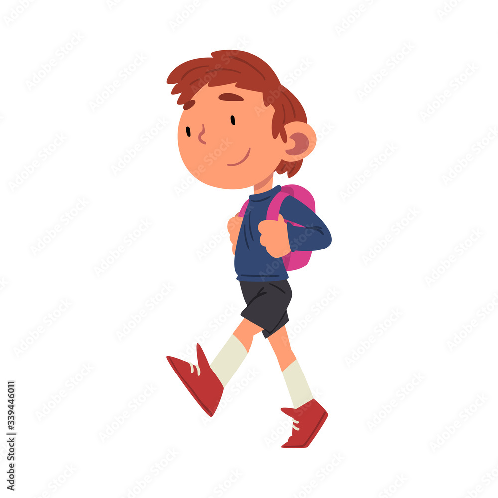 Fototapeta premium Cute Boy Walking at School with Backpack, Preschool Kid Daily Routine Activity Cartoon Vector Illustration