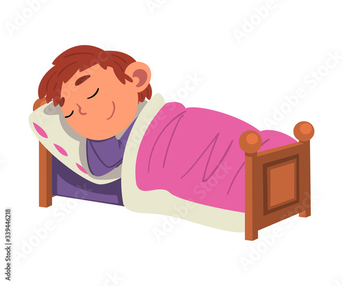 Cute Boy Sleeping in His Bed, Preschool Kid Daily Routine Activity Cartoon Vector Illustration