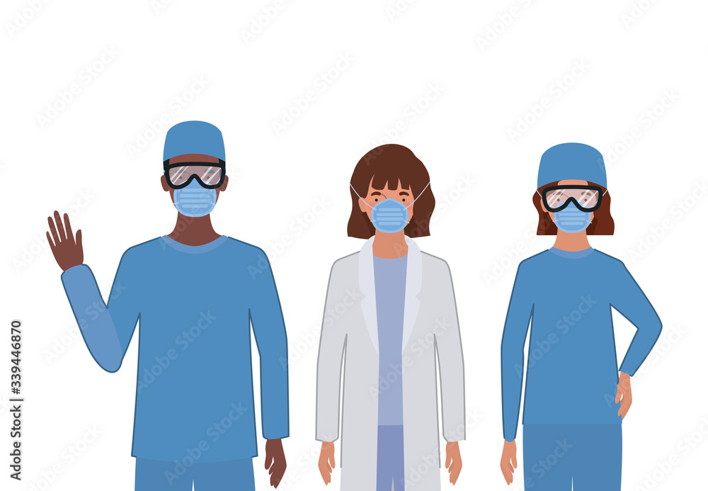 Man and women doctors with uniforms and masks vector design Man and women doctors with uniforms and masks vector design