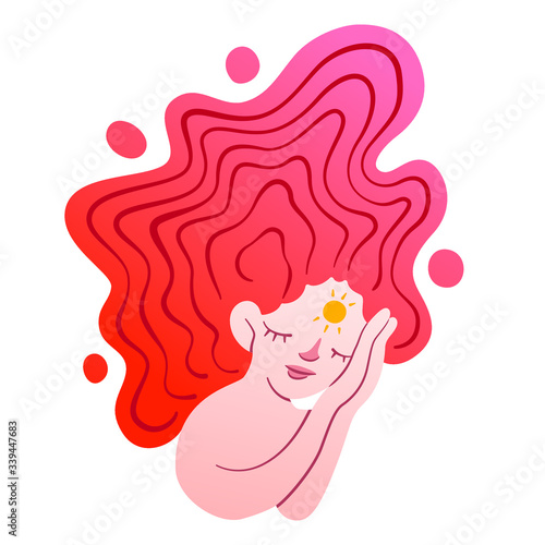 A magical girl with a sun symbol on her forehead and long red hair took a nap. Color vector character for book illustrations, t-shirt design, web page design. Rest during the day, daytime sleep.