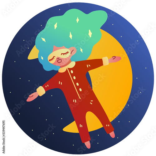 Cute vector illustration of a girl in a sleep mask flies in a lucid dream. Stars, month, night. Fantasy, spiritual practice, relaxation, fascinating. Isolated color picture for websites, articles.