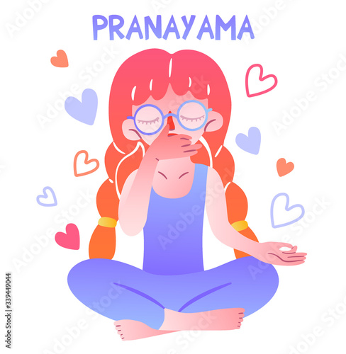 A cute girl with glasses and pigtails sits in a lotus position and does breathing practice. Lettering pranayama. Fingers folded in mudra. Meditative vector isolated character for illustrating yoga.