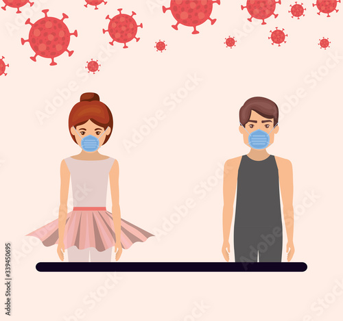 Woman and man dancers with masks against 2019 ncov virus vector design