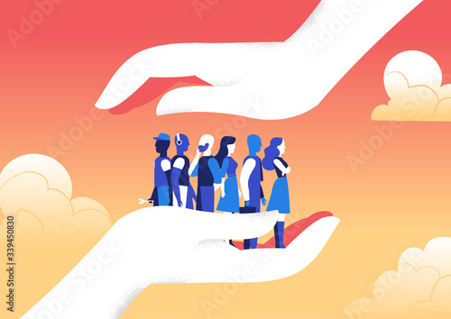 Due grandi mani proteggono un gruppo di persone uomini e donne dalle minacce esterne