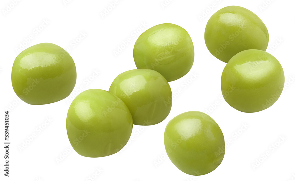 Flying delicious green peas, isolated on white background Flying delicious green peas, isolated on white background