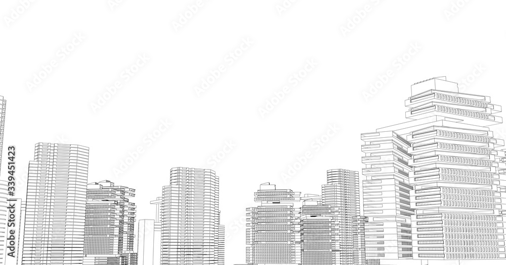 Modern architecture in a beautiful metropolis.Freehand line drawing illustration, 3D illustration