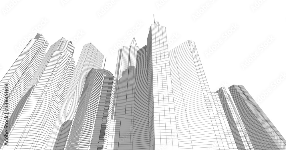 Modern architecture in a beautiful metropolis.Freehand line drawing illustration, 3D illustration Modern architecture in a beautiful metropolis.Freehand line drawing illustration, 3D illustration