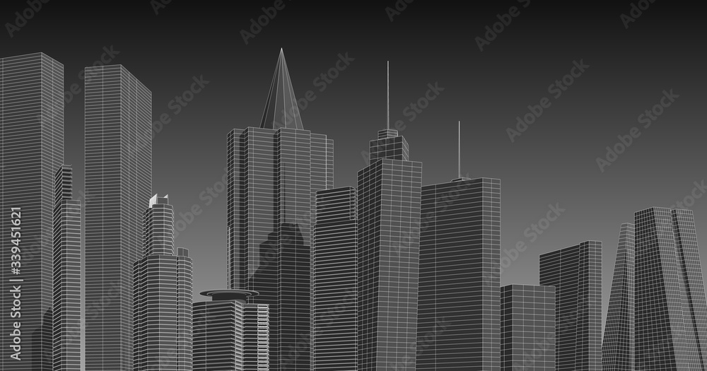 Modern architecture in a beautiful metropolis.Freehand line drawing illustration, 3D illustration Modern architecture in a beautiful metropolis.Freehand line drawing illustration, 3D illustration