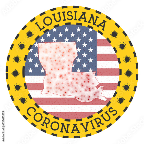Coronavirus in Louisiana sign. Round badge with shape of Louisiana. Yellow US state lockdown emblem with title and virus signs. Vector illustration.