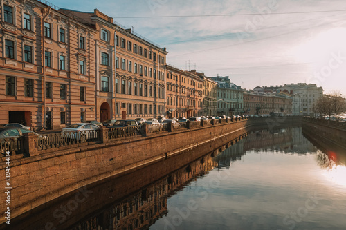 Embankment of Saint Petersburg, beautiful dawn, deserted city, empty streets, historical buildings attractions