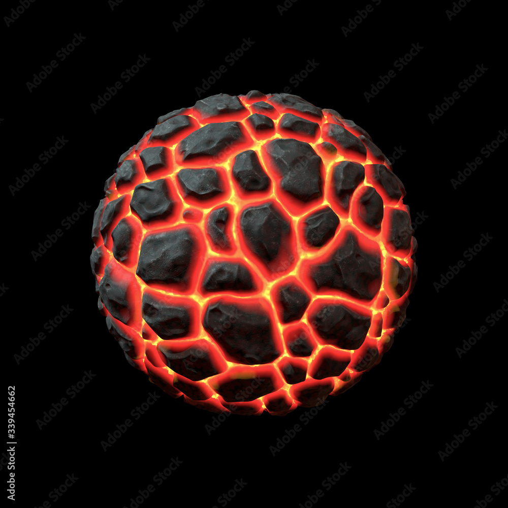 Alien hot planet with cracked surface of molten lava on a black background. Volcanic land. Burning coals after eruption volcano. Deep space, stars, science fiction. Fantastic planet. 3d illustration Alien hot planet with cracked surface of molten lava on a black background. Volcanic land. Burning coals after eruption volcano. Deep space, stars, science fiction. Fantastic planet. 3d illustration
