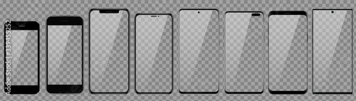 Smartphone mockup Collection. Mobile phone template with display reflection. Vector graphic photo