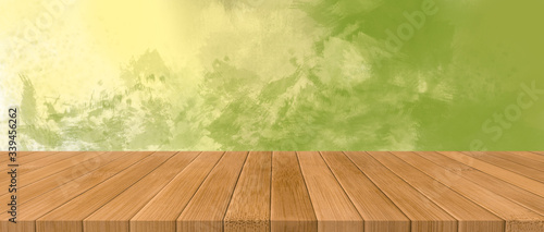 Empty bamboo wooden table and green art nature background. Concept banner for products display. Spring background with empty table for your products. Mockup.