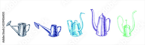 Hand drawn with colored markers 5 watering cans set isolated on a white background