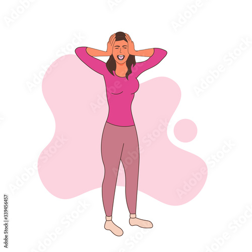 Woman Having Panic Attack Disorder in Public Place. Psychology, Solitude, Fear, Mental Health Problem. Depressed Sad Girl Surrounded by People Hands Cartoon Flat. Vector Illustration