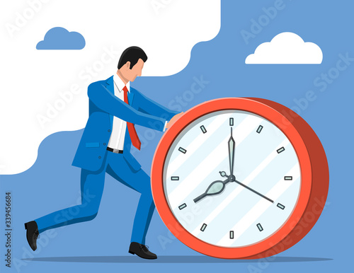 Businessman pushing big clock. Business man rushing hurry to get on time. Overwork, deadline, investment, savings, bank deposit, future income, money benefit. Time is money. Flat vector illustration
