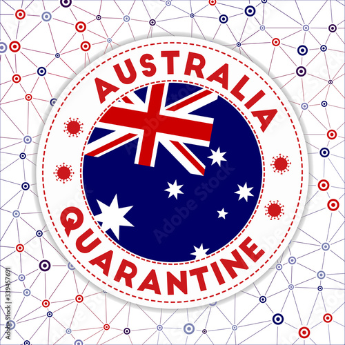 Quarantine in Australia sign. Round badge with flag of Australia. Country lockdown emblem with title and virus signs. Vector illustration.