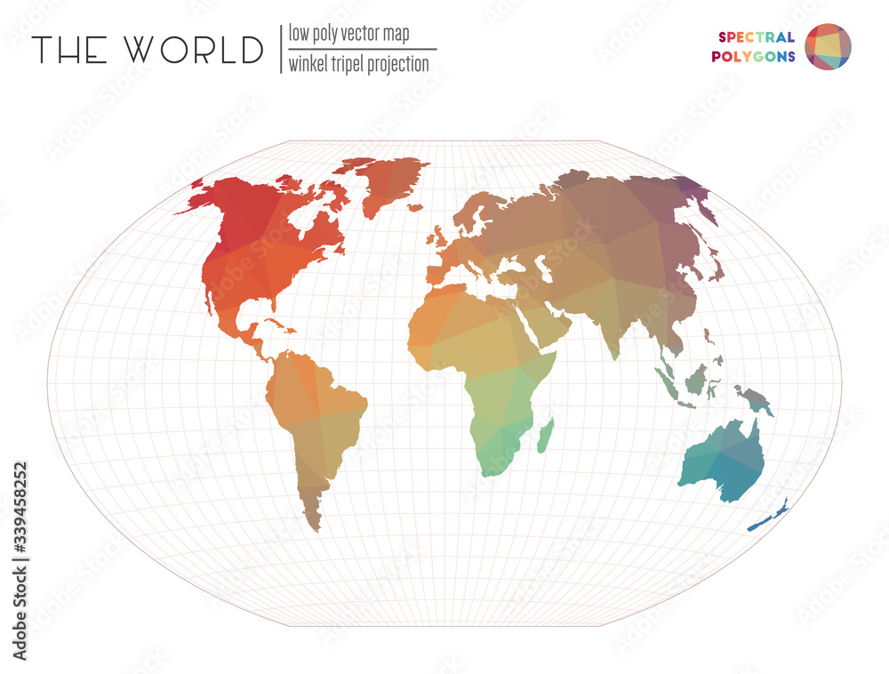 Abstract world map. Winkel tripel projection of the world. Spectral colored polygons. Contemporary vector illustration. Abstract world map. Winkel tripel projection of the world. Spectral colored polygons. Contemporary vector illustration.