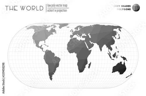 Abstract world map. Eckert IV projection of the world. Grey Shades colored polygons. Contemporary vector illustration.