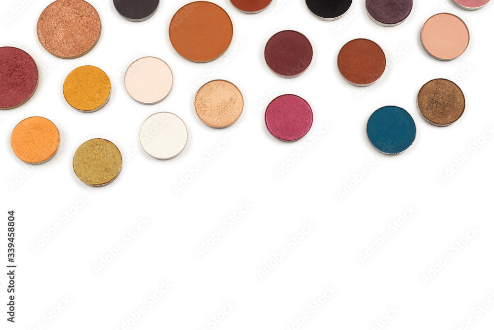 Round multicolored make up eyeshadows isolated on white. Round multicolored make up eyeshadows isolated on white.