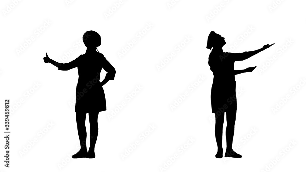 Two black silhouettes of chef woman gesticulating praising their dishes.