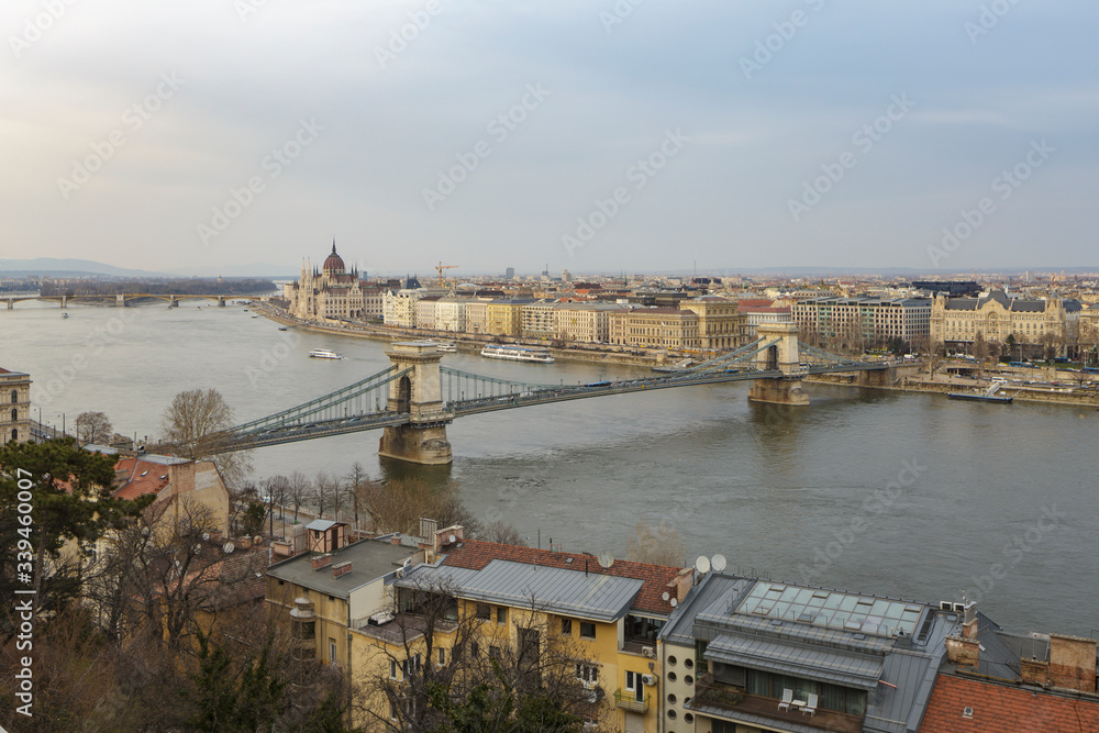 The Hungarian Parliament Building and Chain Bridge in Budapest, Hungary.