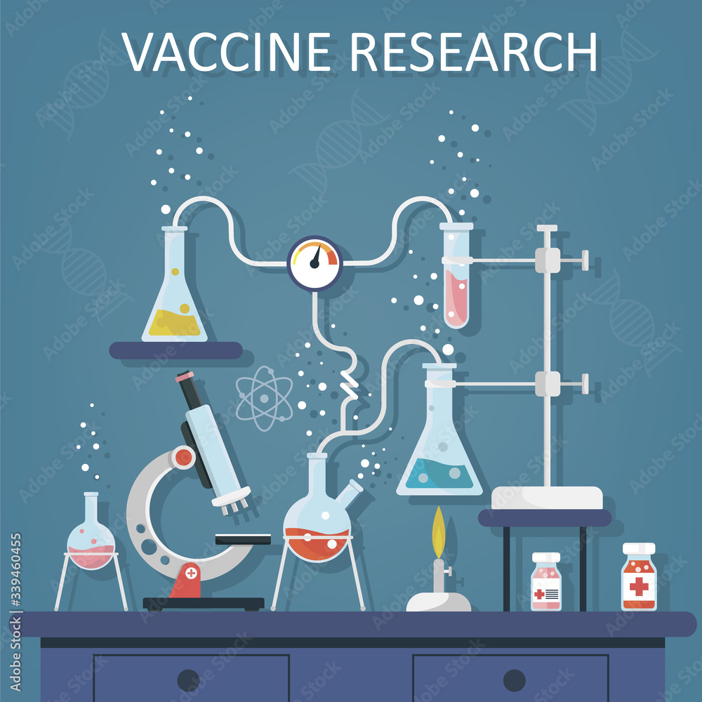 Laboratory Research. Medical Research. Testing of vaccine. Vaccine of coronavirus .Chemists scientists equipment. Flat design banner for web. Vector illustration Laboratory Research. Medical Research. Testing of vaccine. Vaccine of coronavirus .Chemists scientists equipment. Flat design banner for web. Vector illustration
