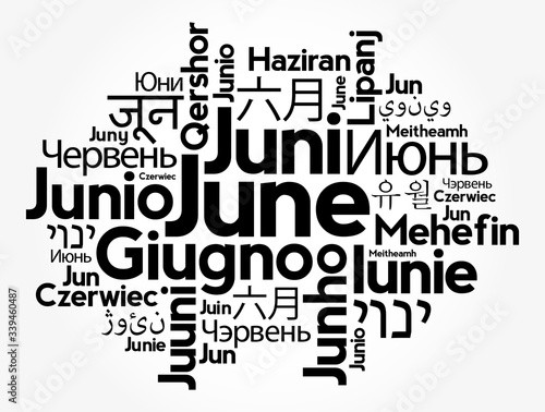 June in different languages of the world, word cloud concept background