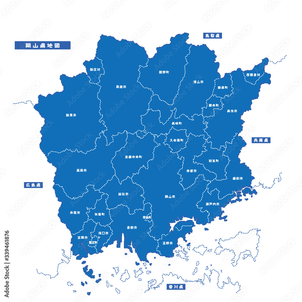 Obraz premium 岡山県地図 シンプル青 市区町村