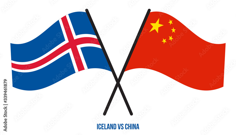 Iceland and China Flags Crossed And Waving Flat Style. Official Proportion. Correct Colors