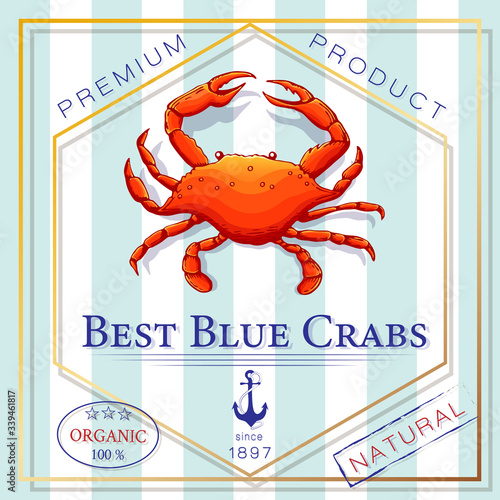 seafood label or blue crab banner. Vintage vector sea food badge or poster with crab and anchor silhouette on blue striped background. retro style template for fish restauran, menu or product design