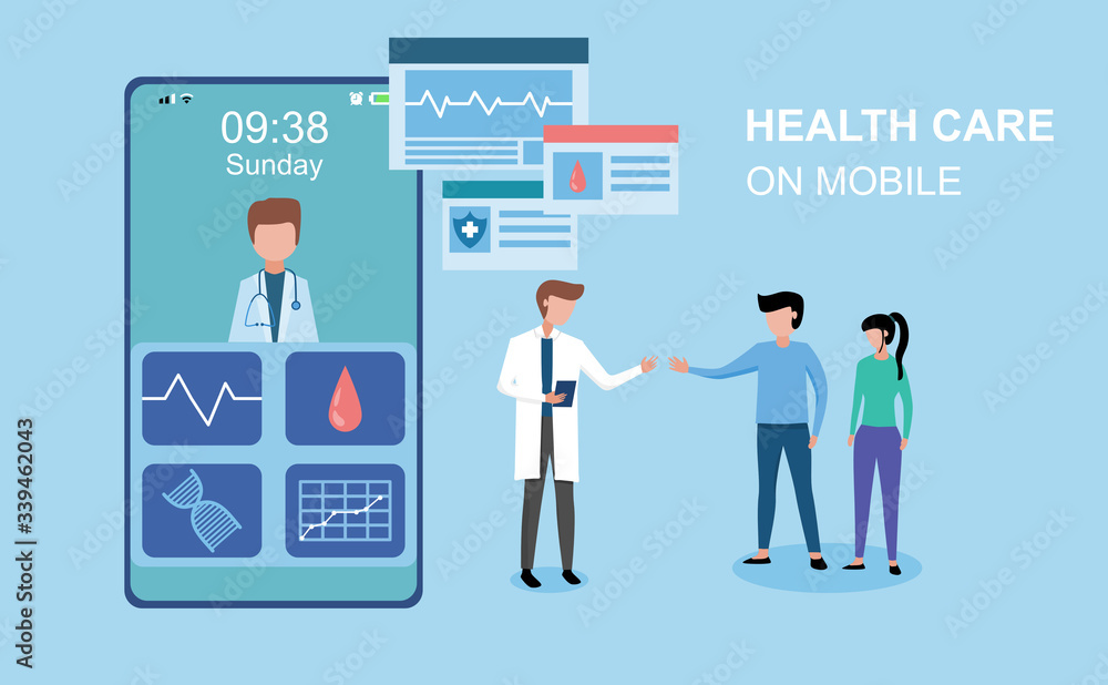 Healthcare and medical application on mobile. Vector illustration about healthcare Healthcare and medical application on mobile. Vector illustration about healthcare