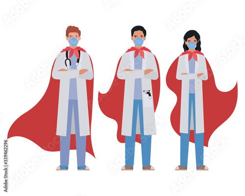 woman and men doctors heroes with capes against 2019 ncov virus vector design