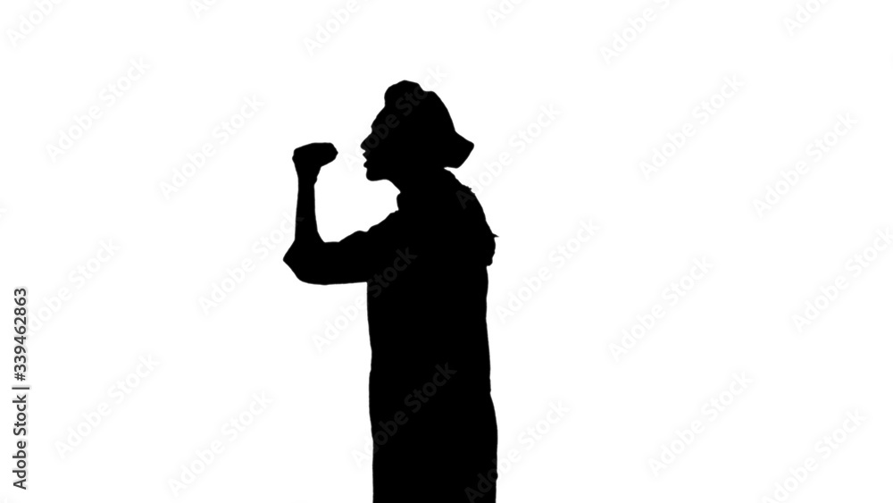 Portrait of black silhouette cook girl in toque is gesticulating praising their dishes on white background. Profile view