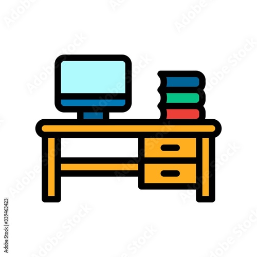 telework or telecommuting related books and computer on office table vector with editable stroke,