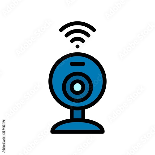 telework or telecommuting related video calling camera with stand and WiFi signals vector with editable stroke,