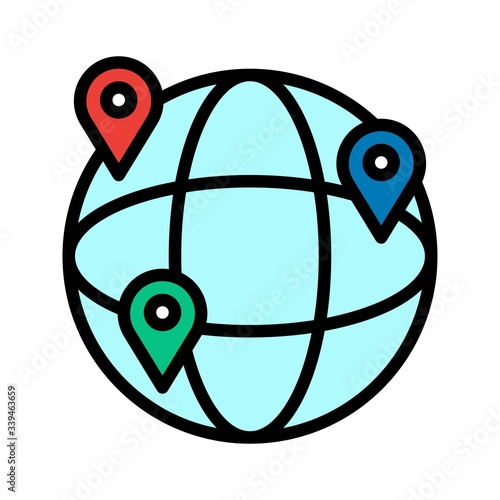 telework or telecommuting related location or GPS pointers on global world vector with editable stroke,