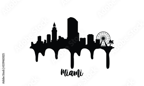 Miami Florida USA black skyline silhouette vector illustration on white background with dripping ink effect.